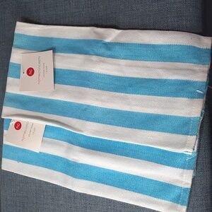 Towel Woven Aqua Blue White Striped Cotton Kitchen Dish Hand Set Two NWT